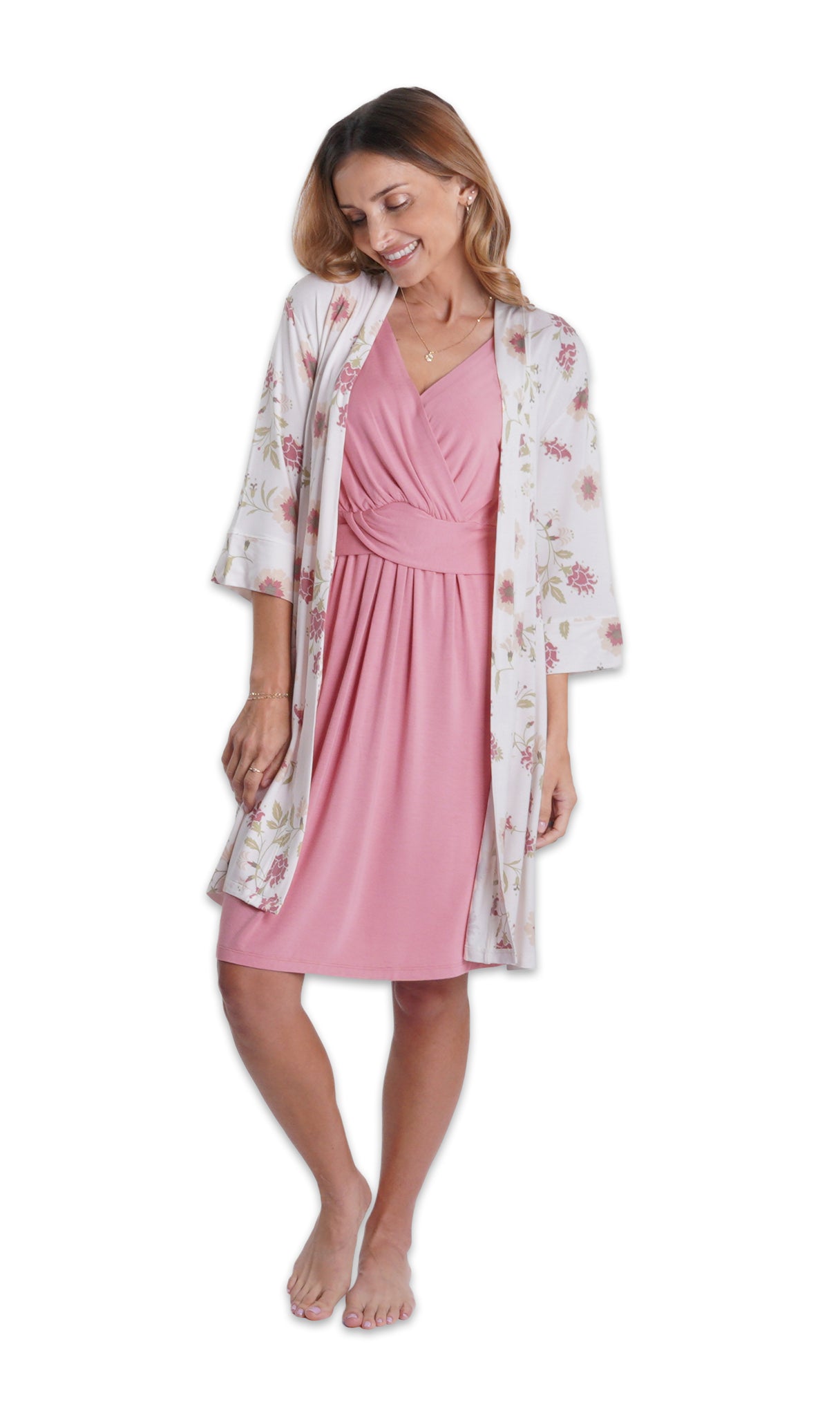 Rose Evie Nightgown. Woman wearing Cottage Floral printed robe over Evie nightgown.