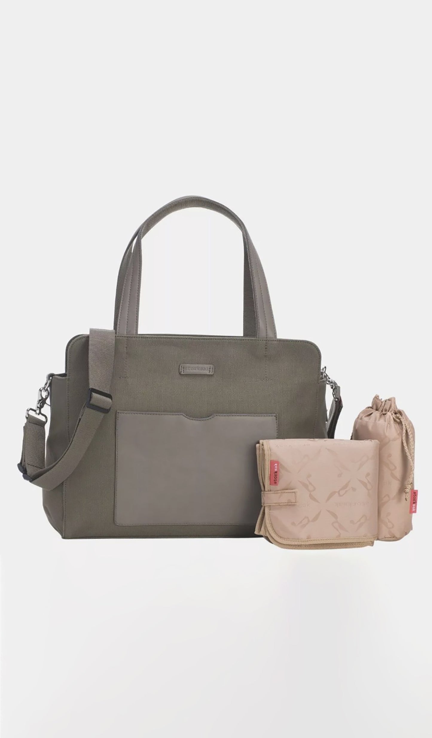 Storksak Juliette Diaper Bag Moss shown with changing mat and insulated bottle holder.