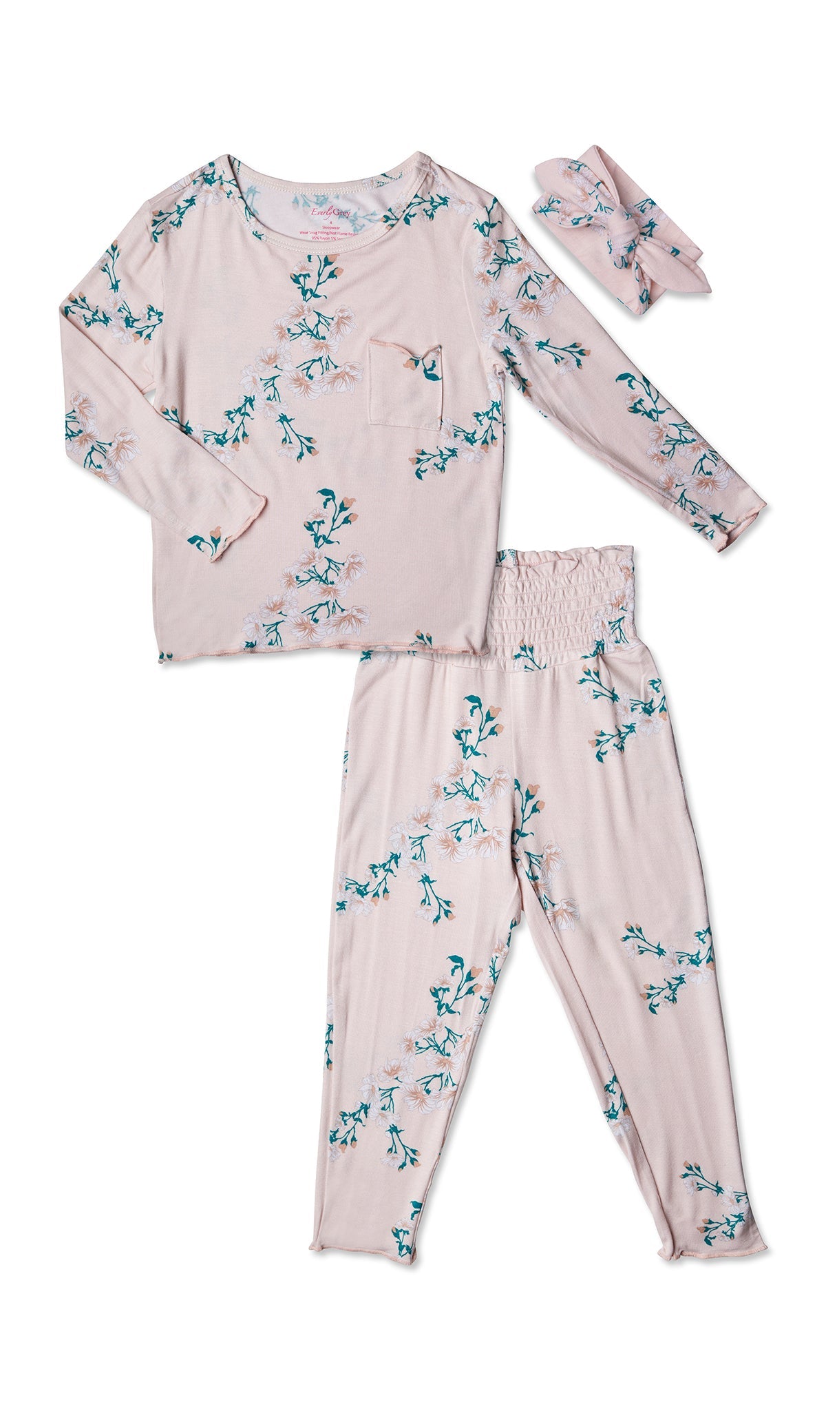 Charlie Kids 3 Piece Pant PJ - Lily. Flat shot of long sleeve tee, long pant and matching tie-knot headwrap.