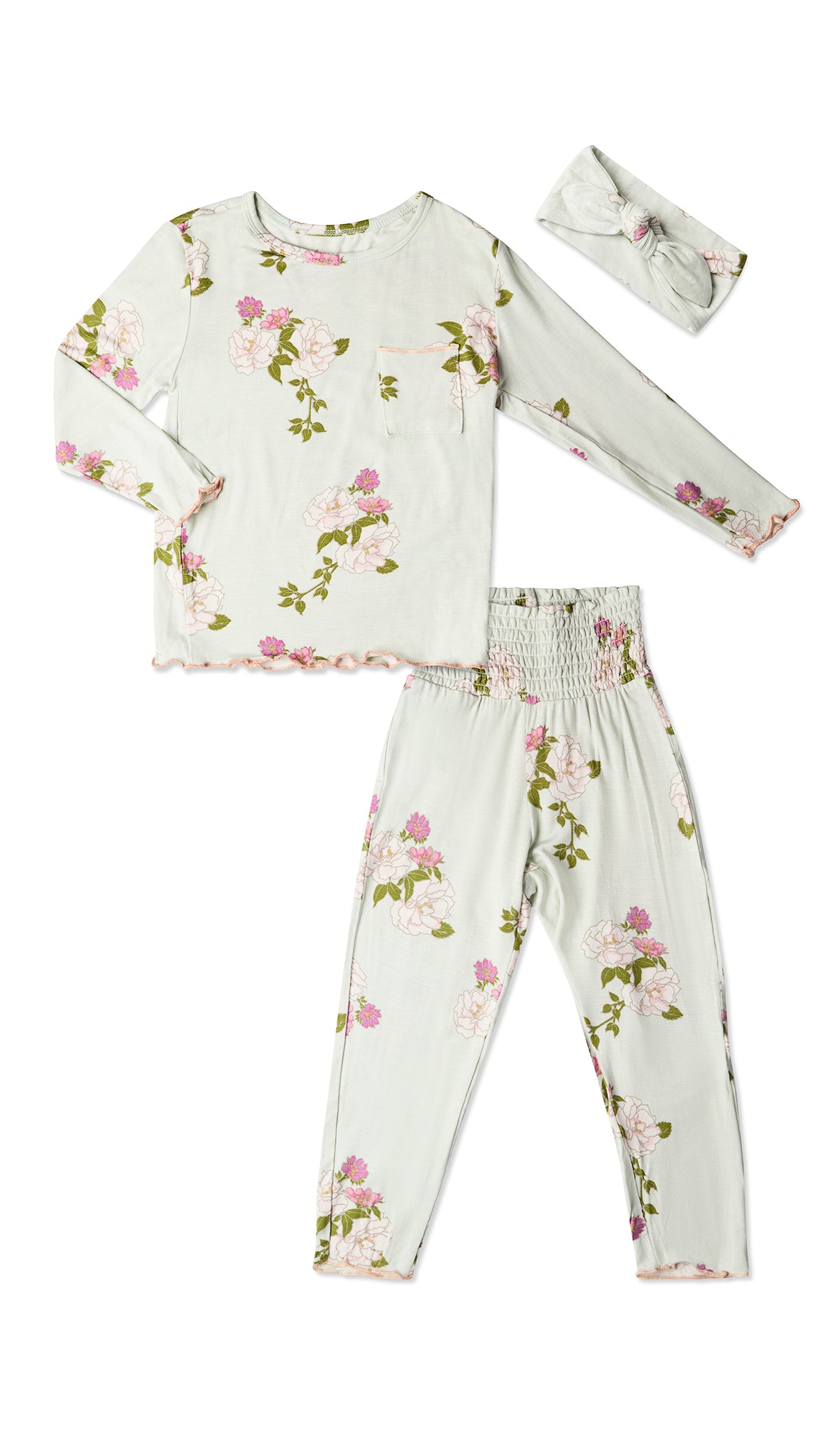 Charlie Baby 3 Piece Pant PJ Peony - flat shot of the long sleeve tee, long pant and matching headwrap.