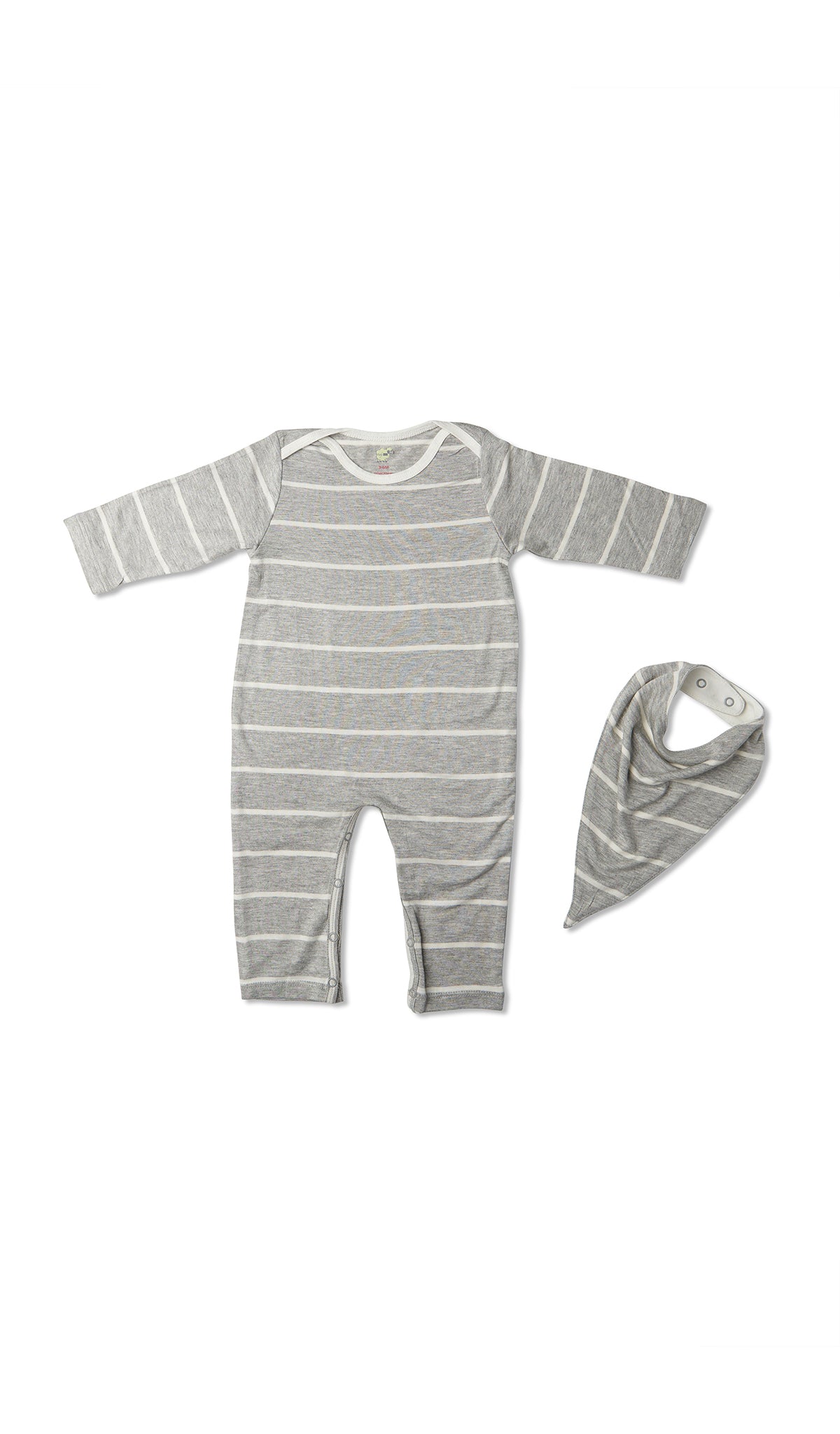 Heather Grey Romper 2-Piece flat shot of long sleeve romper with matching bib.