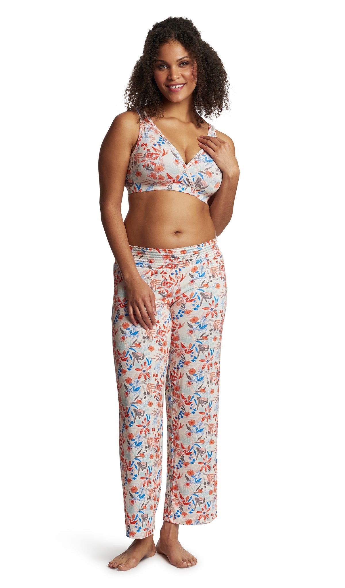 Posy Paisley Single Bra. Detail shot of woman wearing Posy print bra and matching pant.