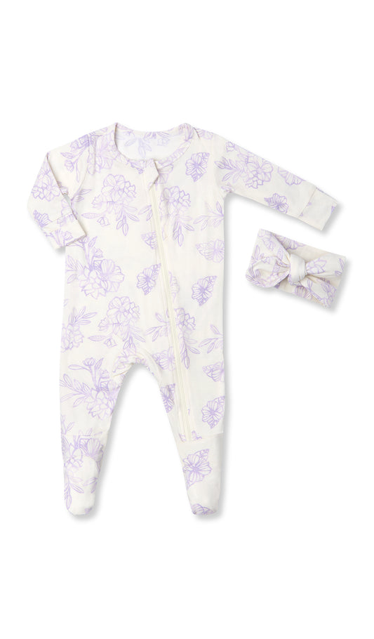 Bali Footie 2-Piece Set. Flat shot of zip front footie for baby with matching headwrap tied into a tie-knot bow.