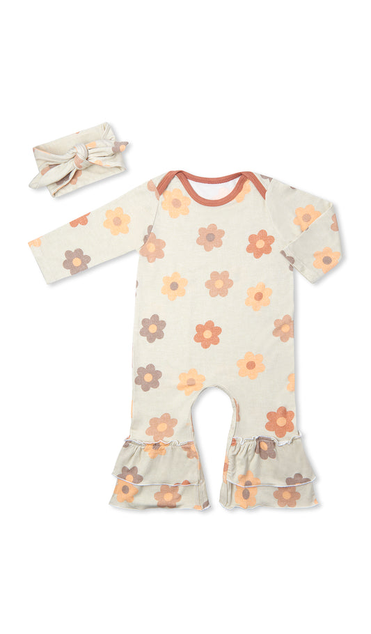 Daisies Ruffle Romper 2-Piece. Flat shot of long sleeve romper with ruffles on legs and matching headwrap.