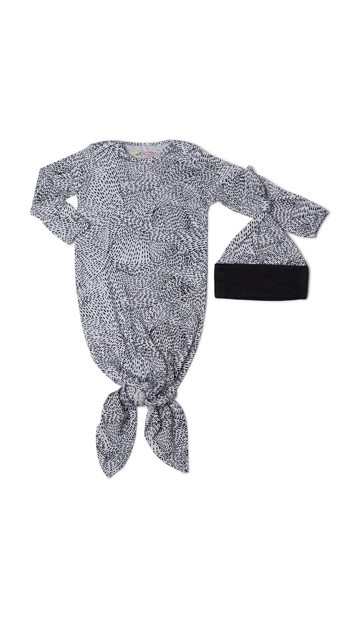 Twilight Knotted Gown 2-Piece flat shot showing long sleeve baby gown with hem tied into a tie-knot bow and matching knotted hat.