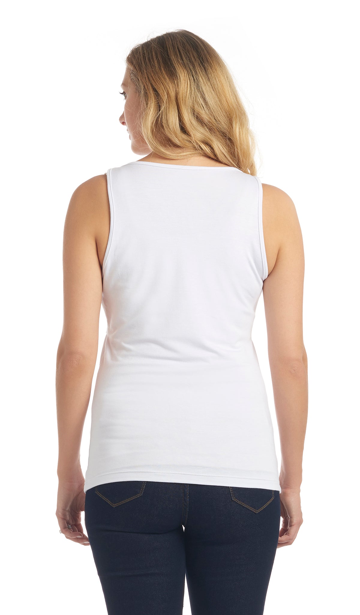 White Kara Tank back shot of woman wearing Kara Tank with dark denim jeans.