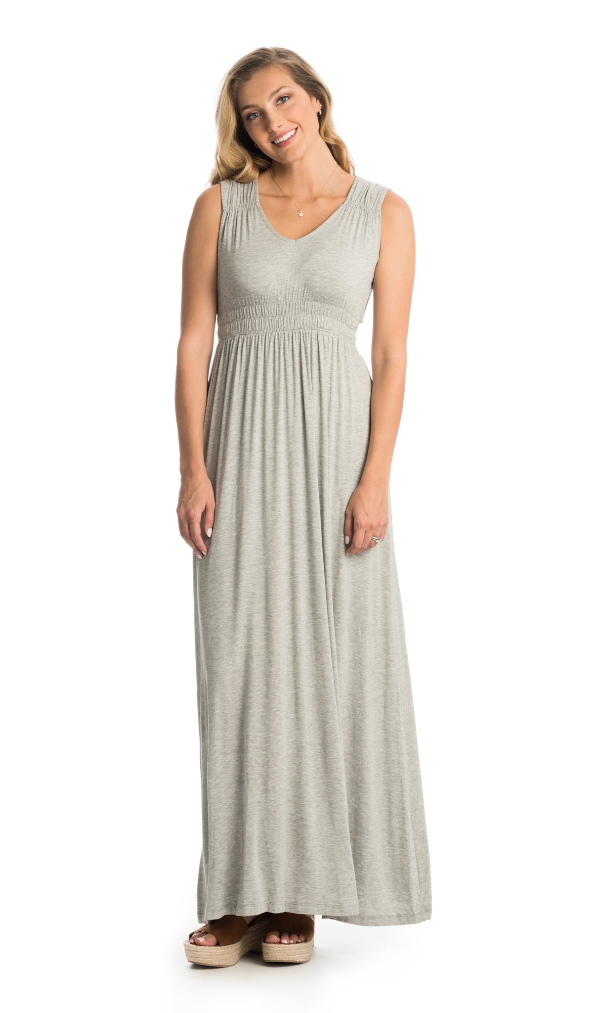 Heather Grey Valeria dress worn as non-maternity style by woman standing with arms down to side.