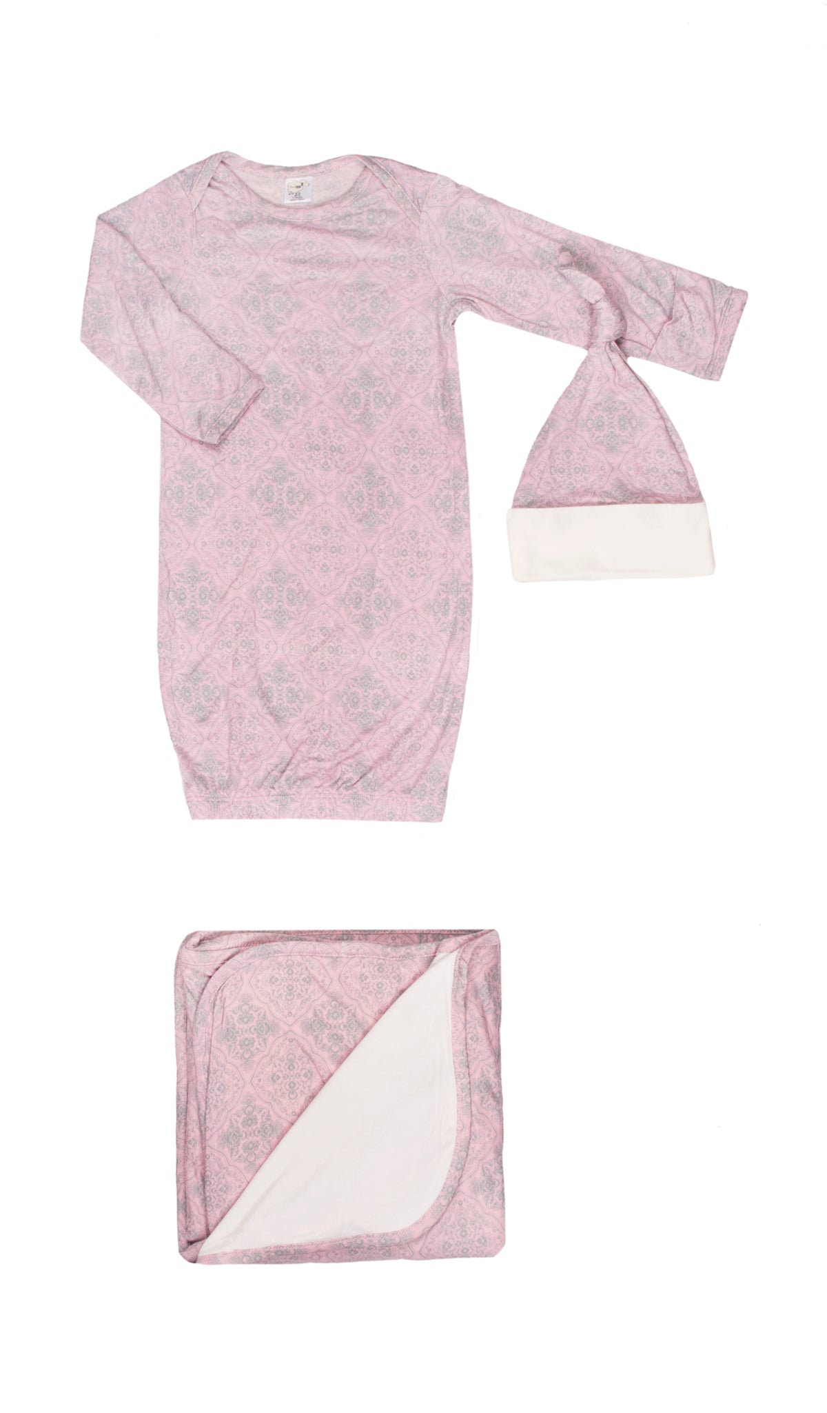 Baby's Welcome Home 3 Piece Set Vintage. Flat shot of baby gown, knotted baby hat and matching blanket in Vintage print.