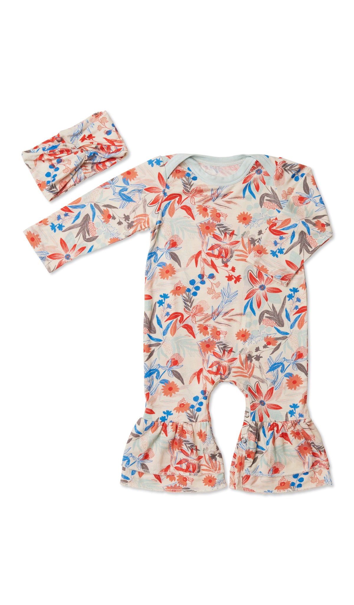 Posy Ruffle Romper 2-Piece. Flat shot of long sleeve romper with ruffles on legs and matching headwrap.