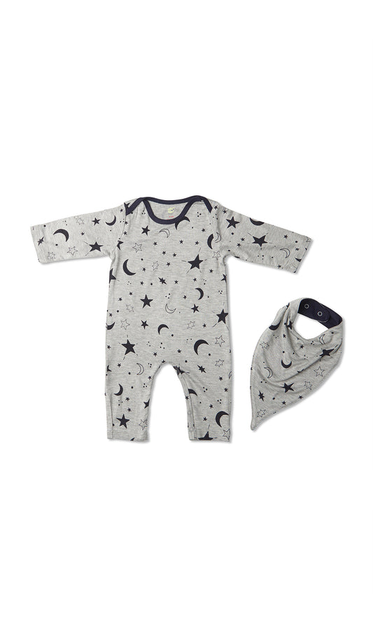 Twinkle Night Romper 2-Piece flat shot of long sleeve romper with matching bib.