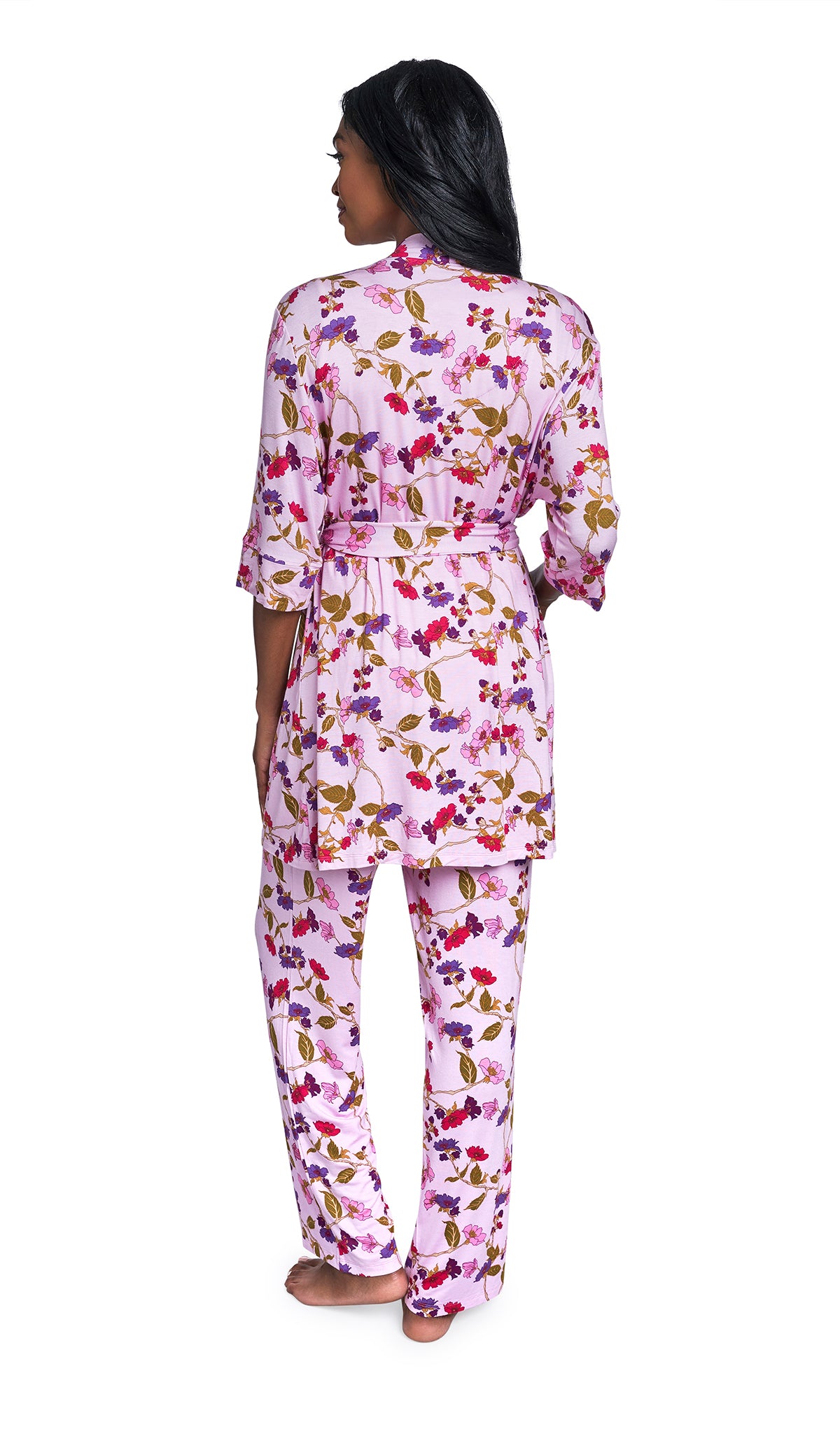 Lavender Rose Analise 5-Piece Set, back shot of woman wearing robe and pant.