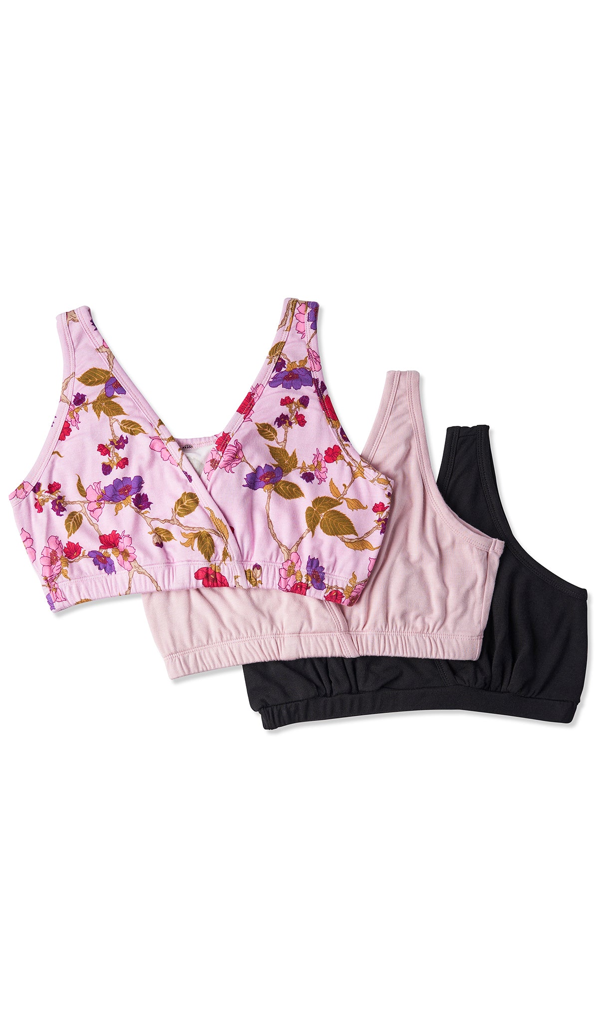 Lavender Rose Paisley 3-Pack flat shot of Lavender Rose bra, Blush bra, and Black bra.