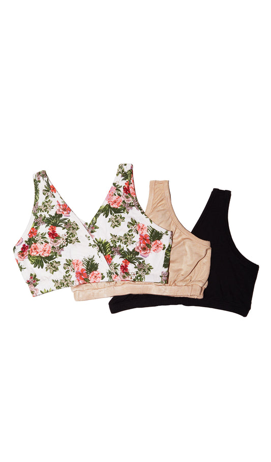Beige Floral Paisley 3-Pack flat shot of Beige Floral bra, Nude bra, and Black bra.