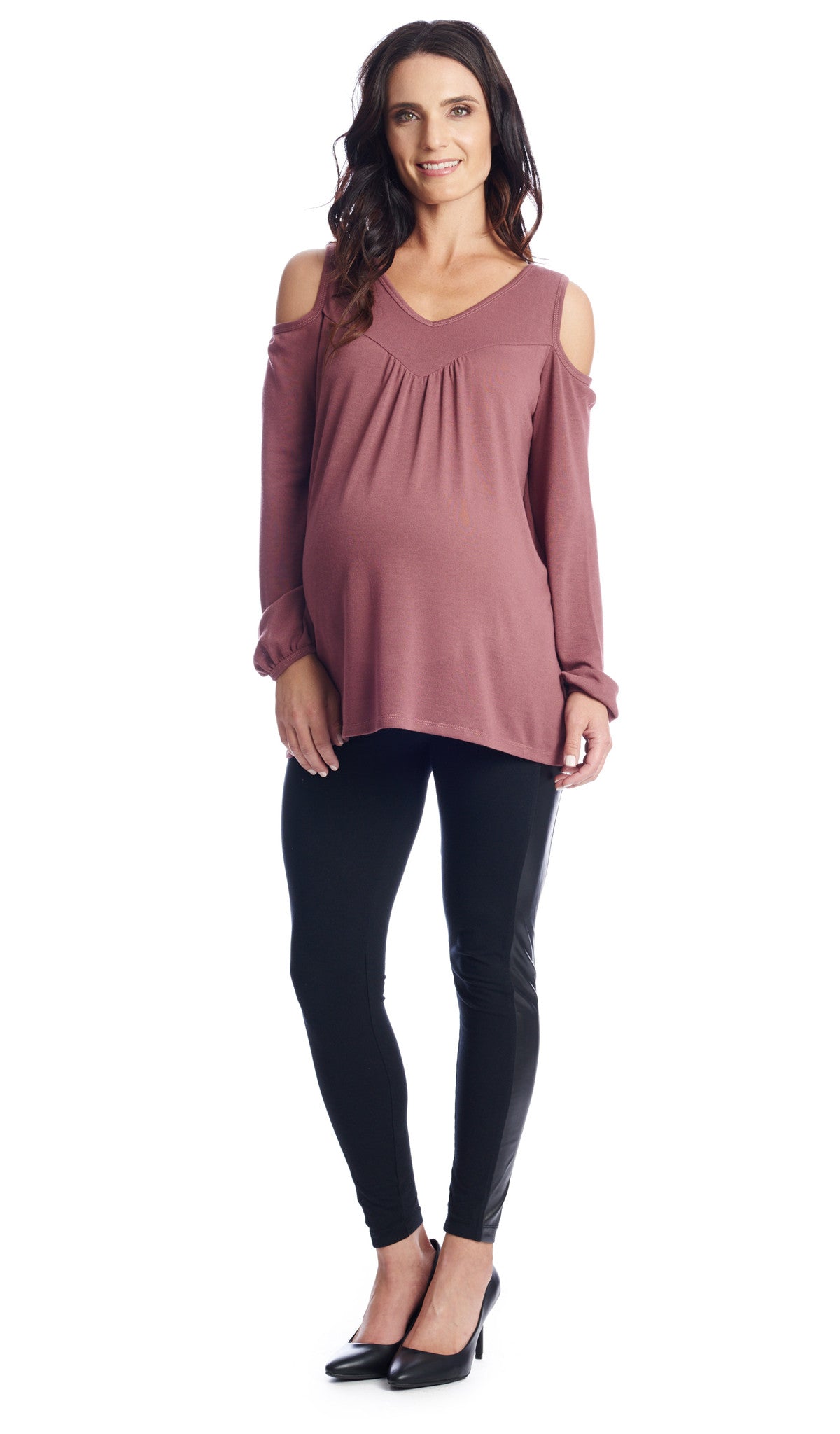 Mauve Nora full length shot of top worn by pregnant woman.